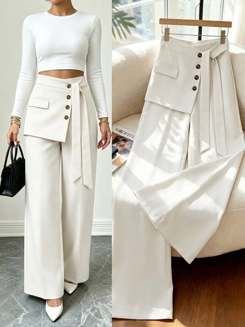 White Elegant Women's Casual Long Pants